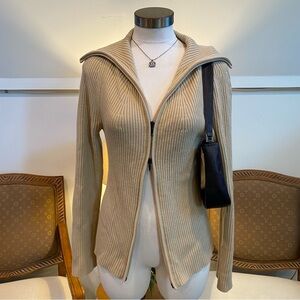 Elie Tahari Beige Cream Ribbed Knit Zip-Up Cardigan Jacket Wide Collar Wool S/M